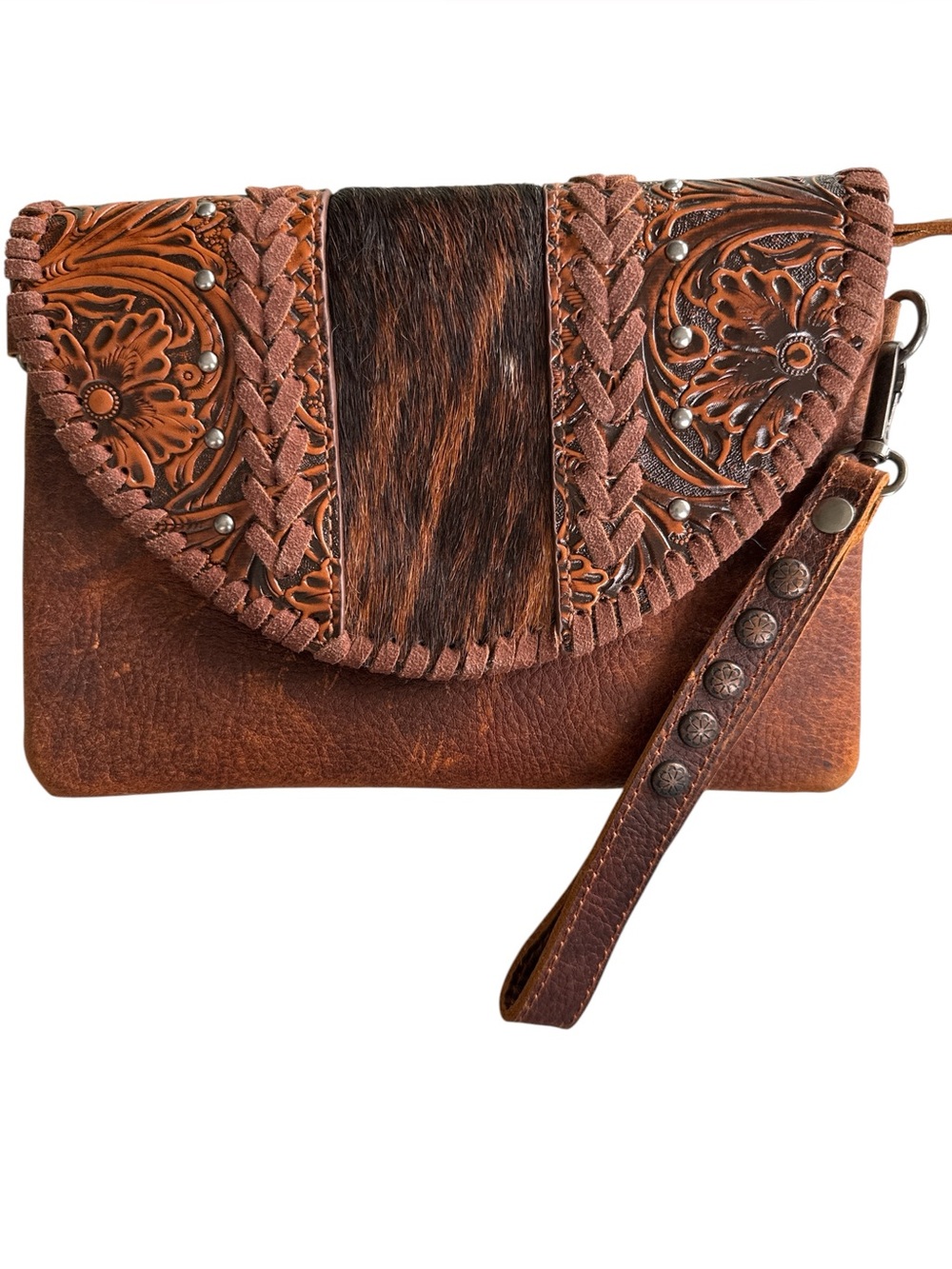 Montana West Genuine Leather Tooled Hair On Hide Wristlet Crossbody Bag Brown